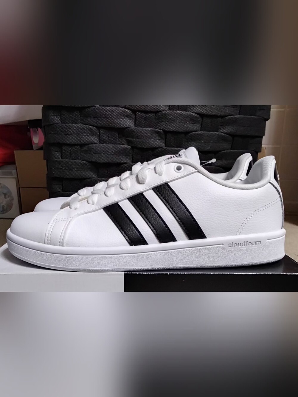 adidas Classic Sneakers with Cloudfoam Inner Sole, White/Black, Size 9